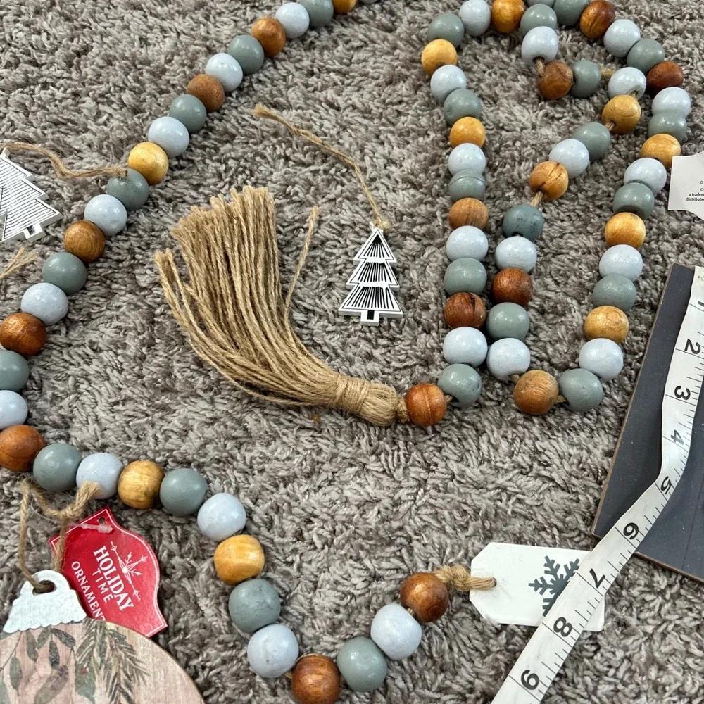 Holiday Time Rustic Farmhouse Christmas Decor Bundle Bead Garland Signs Ornament